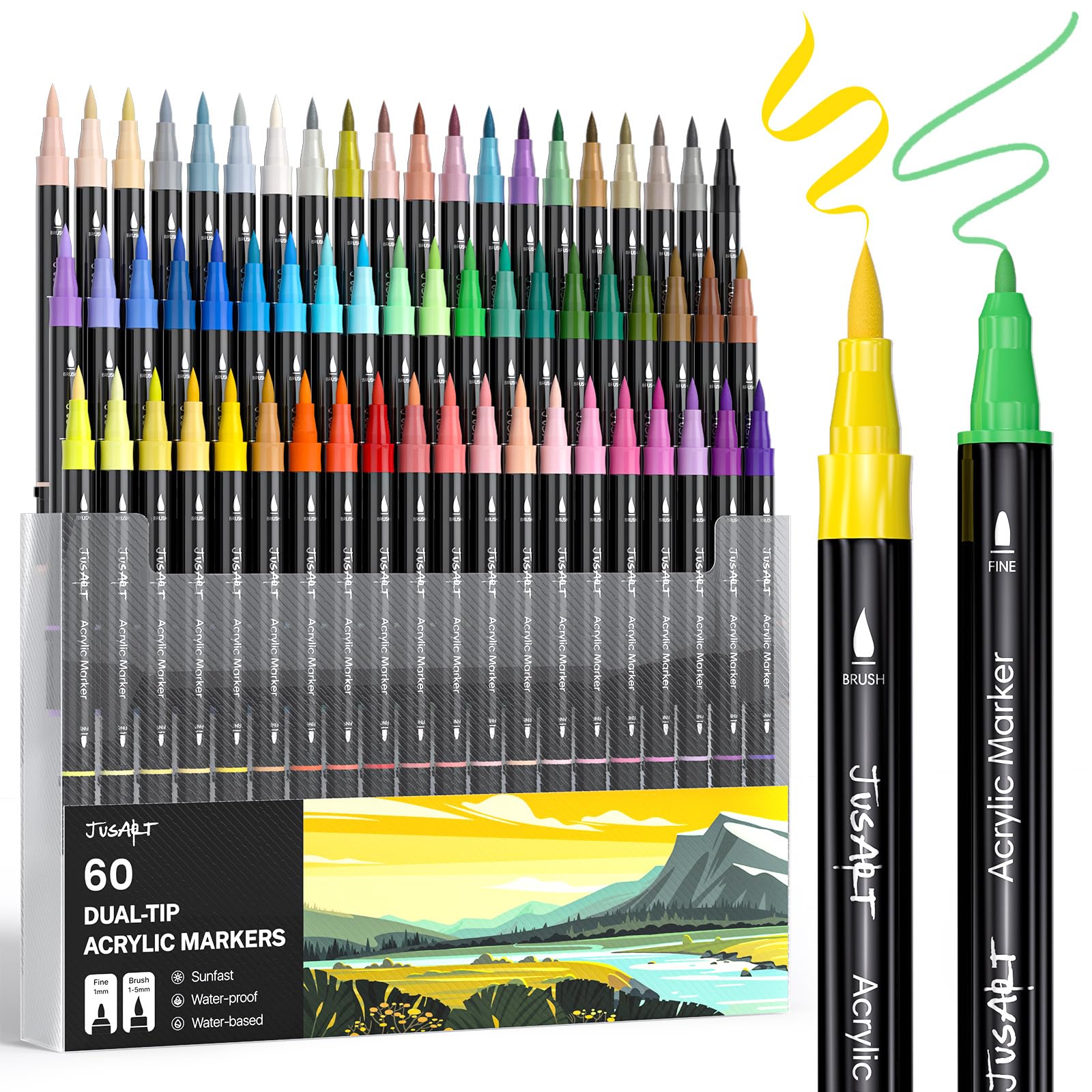 JusArt Marcadores de tinta acrílica de ponta dupla de 60 cores